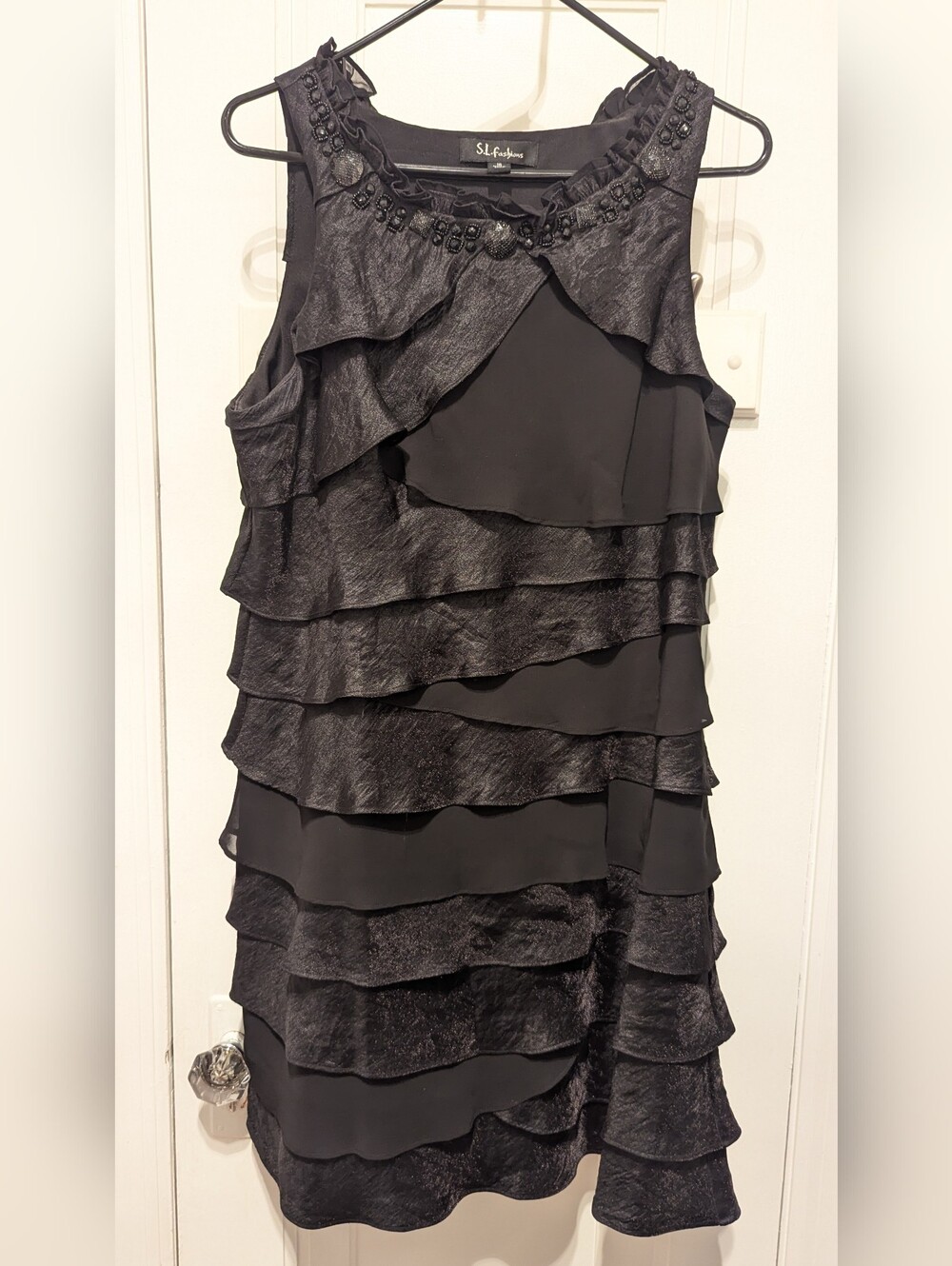 SL Fashions Black Embellished Ruffle Cocktail Dress